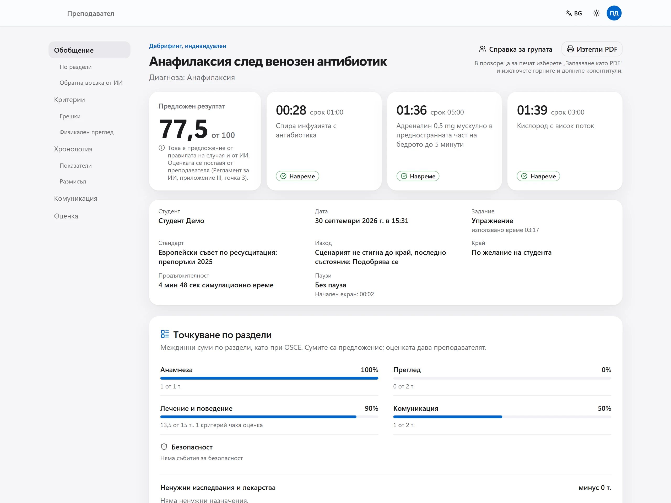 Дебрифинг: предложен резултат 77,5 от 100 и ключовите действия, изпълнени навреме.